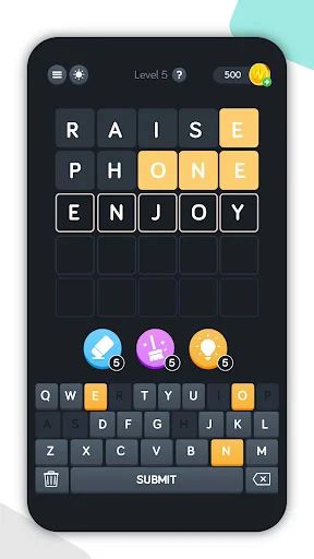 Hidden Words gameplay Level 5 showing word grid with letters RAISEPHONEENJOY, keyboard interface and power-up buttons