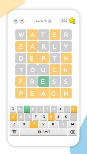 Hidden Words Level 75 completed puzzle revealing WATER EARLY DEPTH TOUCH PRESS PEACH words in colorful letter tiles