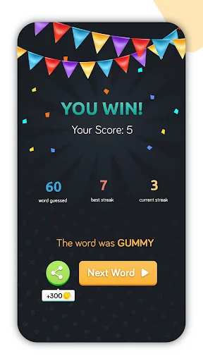 Hidden Words victory screen displaying YOU WIN with score 5, statistics showing 60 words guessed, streak info and Next Word button
