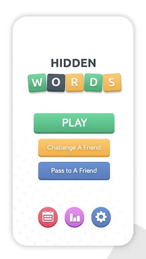 Hidden Words main menu interface featuring colorful WORDS logo, green PLAY button and social challenge options below
