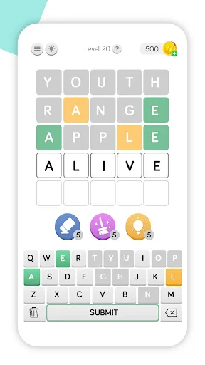 Hidden Words Level 20 word puzzle showing YOUTH RANGE APPLE ALIVE pattern with hint system and green submit button