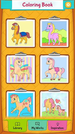 Horse coloring book main menu gallery with six different pony and horse illustrations to color