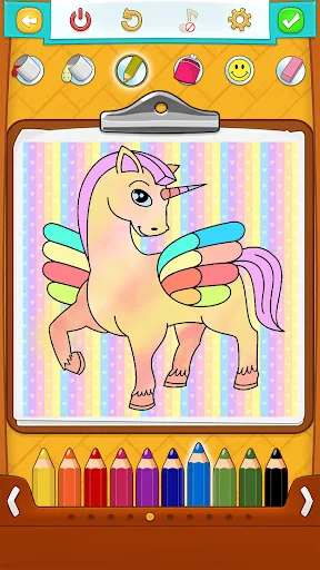 Horse coloring page with magical unicorn wings and rainbow background with colored pencil selection palette