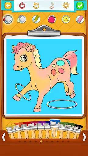 Cute pony coloring page with pink mane and decorative saddle on sky background with color palette