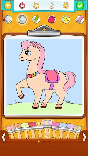 Horse coloring page with decorated pony wearing pink saddle with rainbow colored pencil options