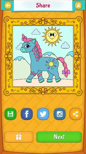 Share completed pony coloring artwork on social media with Facebook, Twitter and Instagram buttons