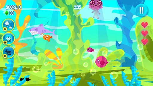 Hungry Fish arcade gameplay with colorful underwater scene, score display, timer, multiple fish types, and power-up controls