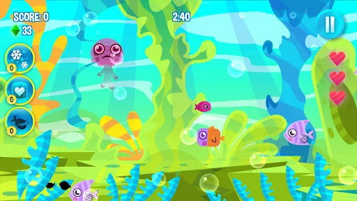Vibrant underwater arcade scene featuring multiple colorful fish, real-time score and timer, and power-up sidebar controls