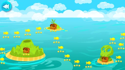 Level select map displaying island terrain with houses and numerous small yellow fish swimming throughout the water