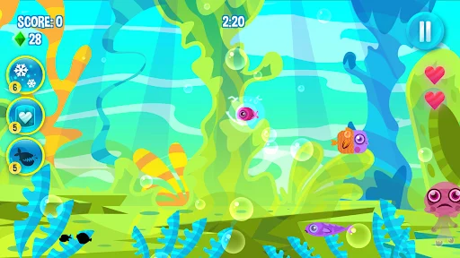 Hungry Fish arcade gameplay with colorful fish characters, score counter, 2:20 timer, and power-up selection icons