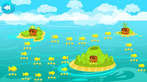 Level select screen with island bases containing houses and schools of small yellow fish swimming between them