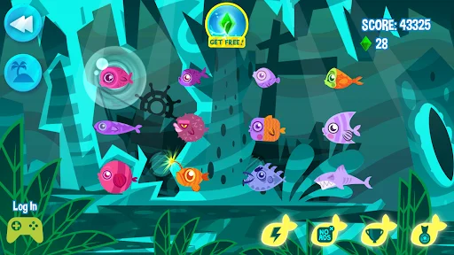 High-score underwater arcade showing 43,325 points, multiple fish types, lives counter, power-ups, and login button