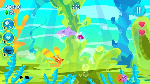 Bright underwater arcade scene with timer, score tracker, colorful fish of various sizes, and left-side power-up controls