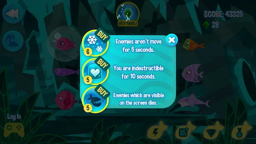 Power-up description screen explaining game mechanics: freeze enemies, invincibility, and on-screen elimination features