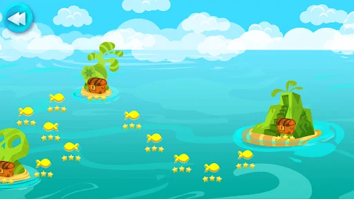 Island-based level map showing terrain with houses and schools of small yellow fish swimming in the surrounding water
