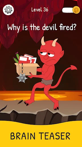 Judgment Game Level 36 brain teaser: red devil character fired from job, carrying boxes. Tricky puzzle game screenshot.