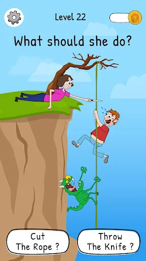 Cliff rescue scenario Level 22: woman choosing to cut rope or throw knife. Moral puzzle game decision screen.