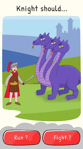 Medieval knight facing three-headed dragon. Fantasy puzzle with run or fight choices in Judgment Game app.
