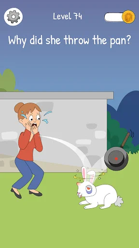 Level 74 mystery puzzle: man throwing pan at rabbit. Brain teaser asking why in social judgment game.