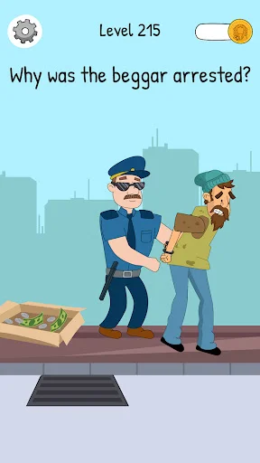 Level 215 arrest scenario: police officer handcuffing beggar. Social puzzle about justice in trivia game.