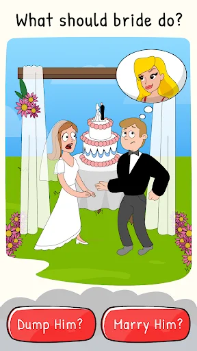 Wedding puzzle in Judgment Game: bride deciding between dumping or marrying groom. Choice-based trivia gameplay.