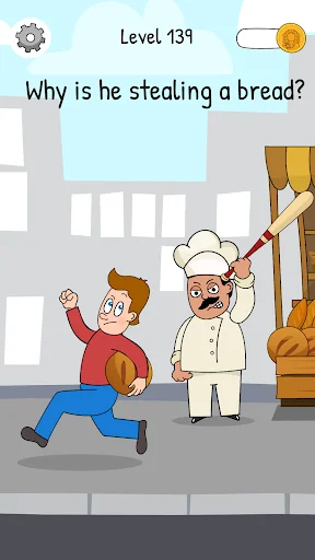 Level 139 puzzle: man stealing bread from baker. Social dilemma in Judgment Game tricky decision-making app.