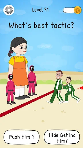 Level 91 tactical puzzle: giant woman and small people border crossing. Strategy choice game with push/hide options.