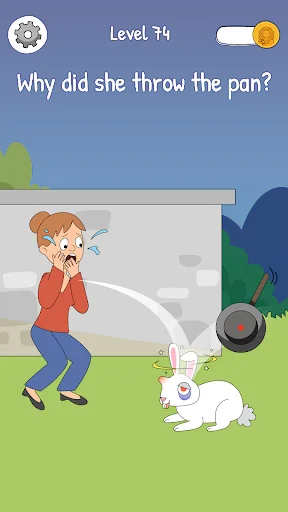 Level 74 mystery puzzle: man throwing pan at rabbit. Brain teaser asking why in social judgment game.