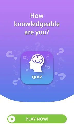 General Knowledge Quiz app welcome screen with brain icon and 'How knowledgeable are you?' text, featuring Play Now button