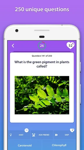 Quiz question screen showing '250 unique questions' with plant biology question about green pigment and multiple choice answers