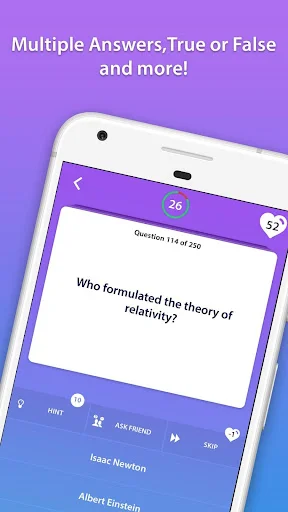 Multiple choice quiz interface displaying Einstein relativity question with hint and ask friend options for trivia gameplay