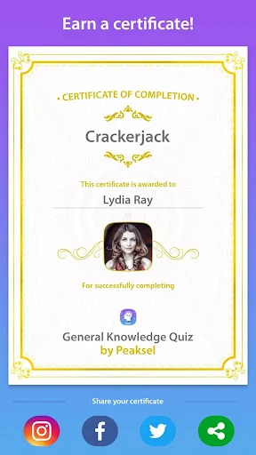 Certificate of completion for General Knowledge Quiz showing user achievement with social sharing options available