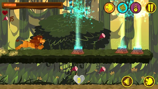 Lion Run gameplay: golden lion fighting spiky dark enemy on forest platform with health, coins, and power-up UI buttons