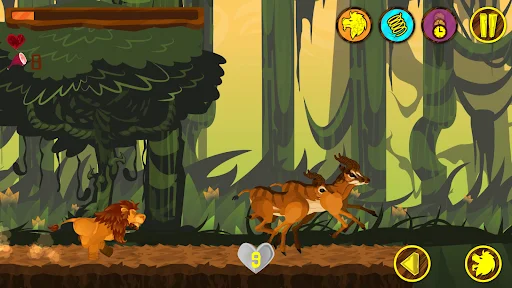 Lion Run forest level: golden lion character encountering multiple spiky enemies on wooden platforms in jungle environment