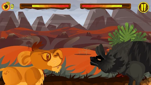 Lion Run desert boss fight: two golden lions confronting large dark spiky enemy with mountains and desert landscape background
