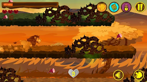 Lion Run level: lion battling multiple spiky enemies across desert rock platforms with UI health and item icons displayed