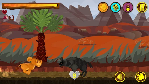 Lion Run desert level: golden lion facing large spiky enemy near palm tree with mountains background and interface buttons