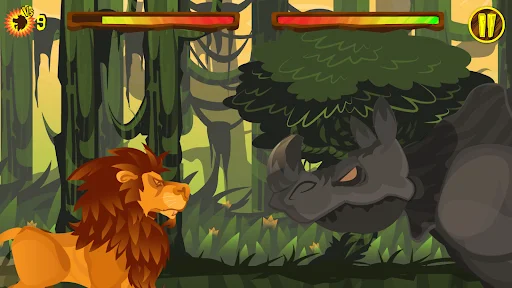 Lion Run combat view: close-up of golden lion in melee combat with oversized gray spiky enemy in green forest environment