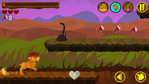 Lion Run level: lion standing on lower platform with pink enemies above in purple landscape with health indicators visible