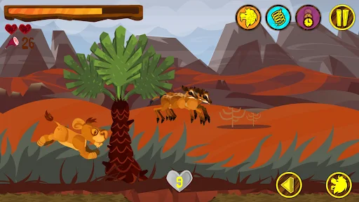 Lion Run desert gameplay: golden lion running and jumping between platforms toward spiky enemy near palm tree scenery