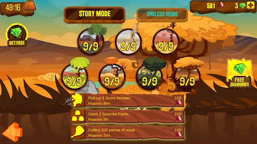Lion Run menu screen: Story Mode and Endless Mode buttons with numbered level circles and quest objectives for progression