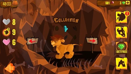 Lion Run Collection screen: lion character in cave environment with achievement counters and item collection progress display
