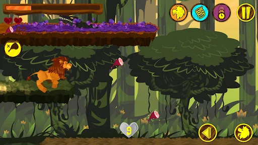 Lion Run purple-themed level: lion jumping between platforms with spiky purple obstacles in forest background setting