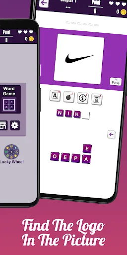 Nike swoosh logo word puzzle game with letter tiles to spell brand name, logo identification challenge gameplay