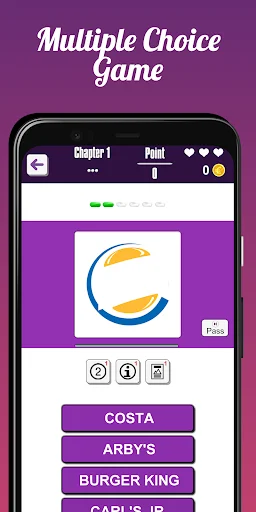 Multiple choice logo quiz showing circular C logo with Costa, Arby's, Burger King brand options for trivia challenge