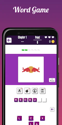 Red Bull logo word game puzzle with letter tiles R-E-D-B-U-L scattered, brand name spelling challenge interface