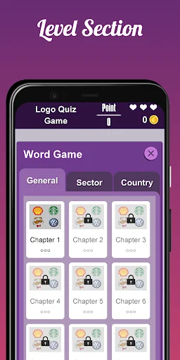 Logo Quiz Game level selection menu showing locked chapters 1-9 with General, Sector, Country category tabs