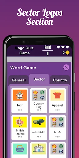 Sector logos section showing Tech, Country Flag, Apparel, British Football, Automobile, NBA category icons menu