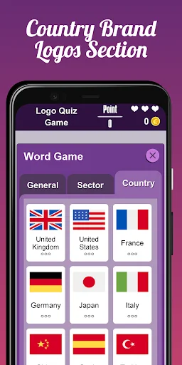 Country brand logos section displaying flag icons for United Kingdom, United States, France, Germany, Japan, Italy