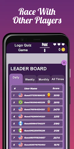Leaderboard showing player rankings and scores for Logo Quiz Game multiplayer competition with daily rankings